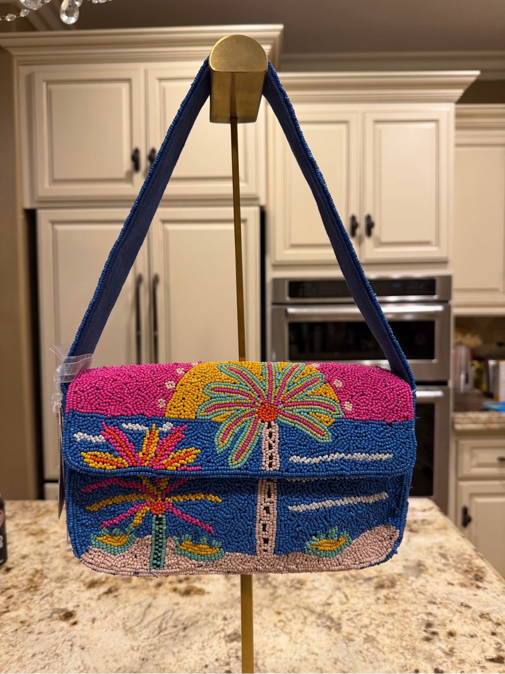 Handcrafted in India Beaded Tropical Palm Tree Shoulder Bag in Blue & Pink